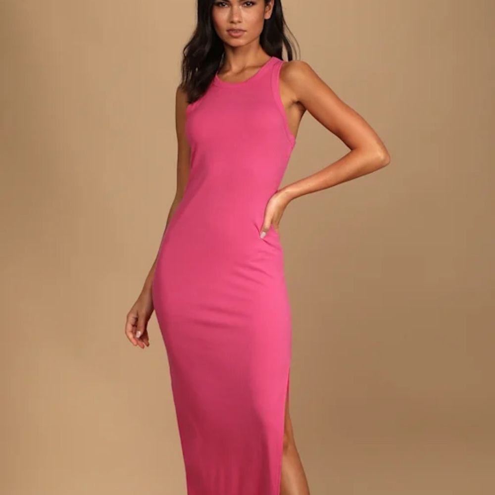 Lulus Simply Wonderful Hot Pink Ribbed Bodycon Midi Dress